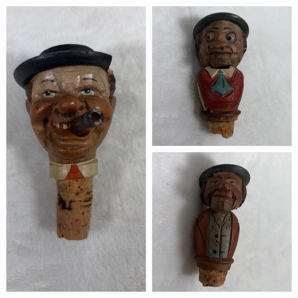 ANRI Mechanical Vintage Italy Wooden Bottle Stoppers Hand Carved Art (3) Charity